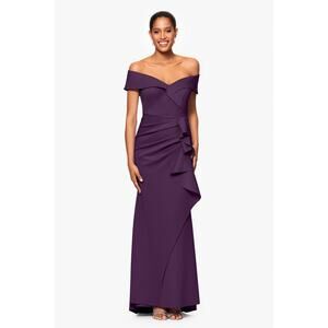 XSCAPE Women's "Patti" Long Off the Shoulder Scuba Crepe Dress Plum Size 4 NWT